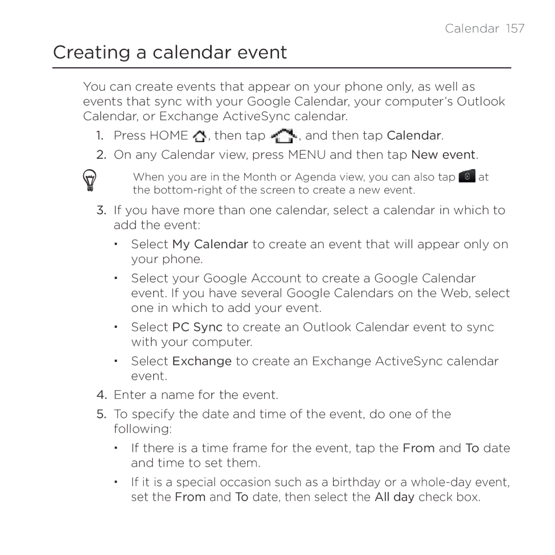 HTC HTC Desire manual Creating a calendar event, Calendar  